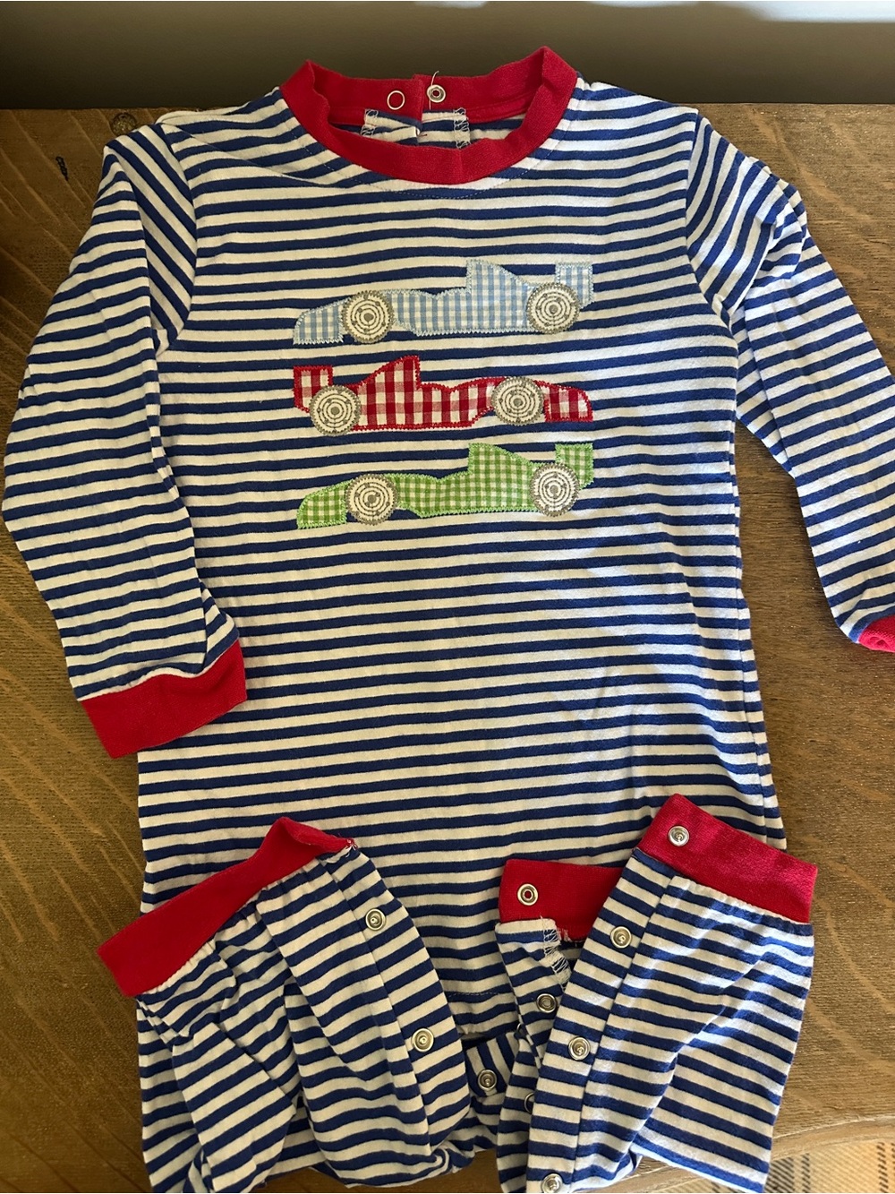 Trotter Street Kids Blue & White Baby One-Piece with Red Trim and Car Appliqués